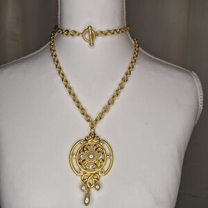 Jesara Gold Necklace and Earring Set with Pearl and Clear Crystal Accents